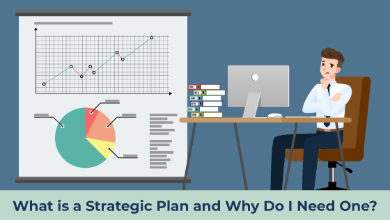 graphic of man looking at pie chart at his desk